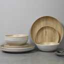 Melamine Dinnerware Set - 12pcs dinnerware set Indoor and Outdoor use, Bamboo Pattern Dishes Dinnerware Set for 6 Dishwasher Safe (Wood Grain)