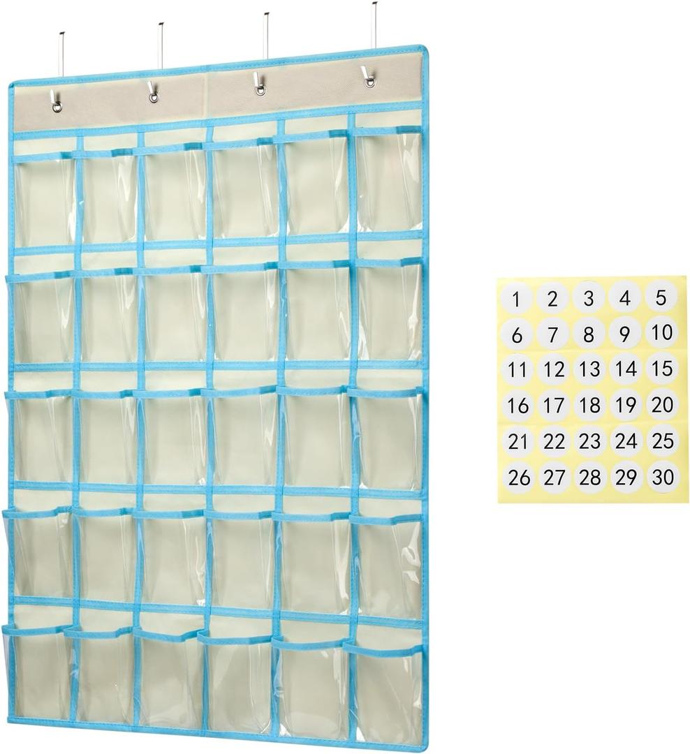 KEEPJOY Classroom Pocket Charts for Cell Phone Calculator Holders, Pocket Organizer for Cell phone Jail with 30 Clear Pockets chart Size 33.5 x 24.5 Inch Classroom Pocket Storage (Beige-30pockets)