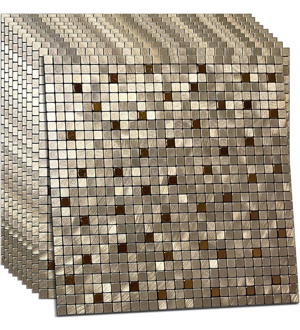 XUANINY 10-Piece Peel and Stick Backsplash for Kitchen Aluminum 3D Wall Sticker Panel Self-Adhesive Metal Mosaic Tile (11.41"x11.41" Bronze)
