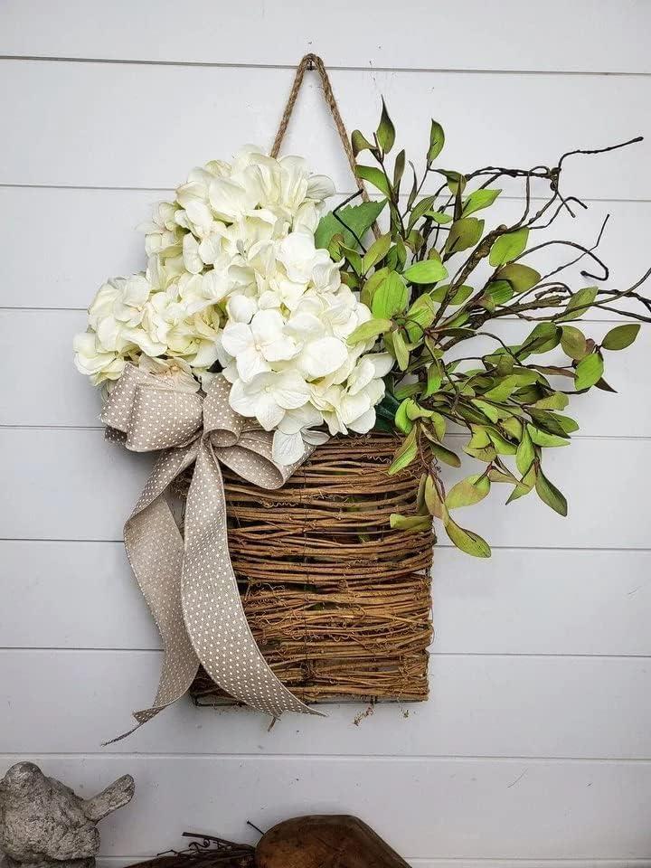 Cream Hydrangea Door Hanger Basket Wreath, Farmhouse Wreath with Wildflowers, Artificial Spring Summer Garland for Front Door, Seasonal Holiday Ornament (D)