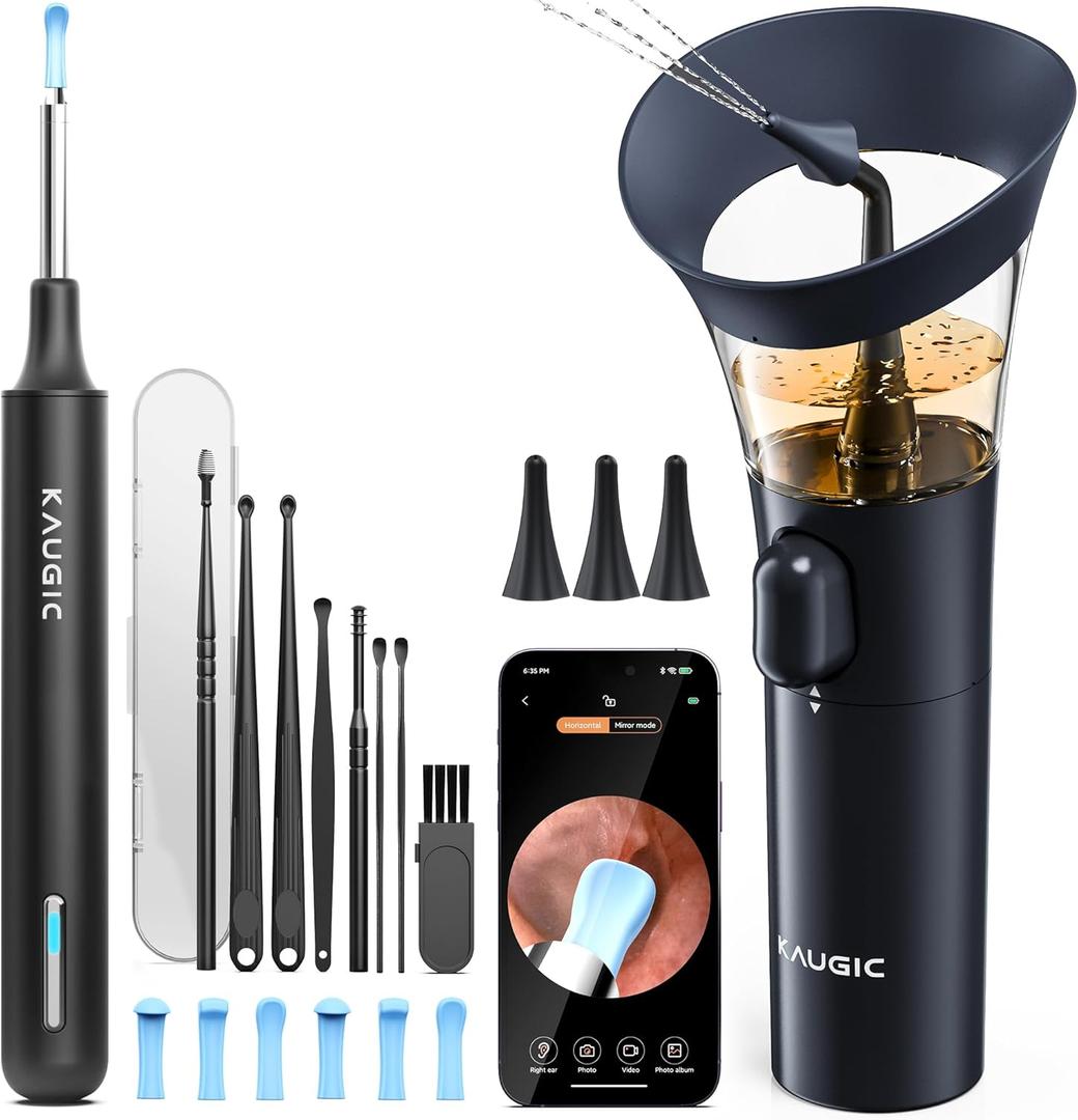 KAUGIC Ear Wax Removal - One-Hand Manual Ear Cleaner with Camera, 7 PCS Ear Spoons, Safe Ear Irrigation Kit for Adults (Blue)
