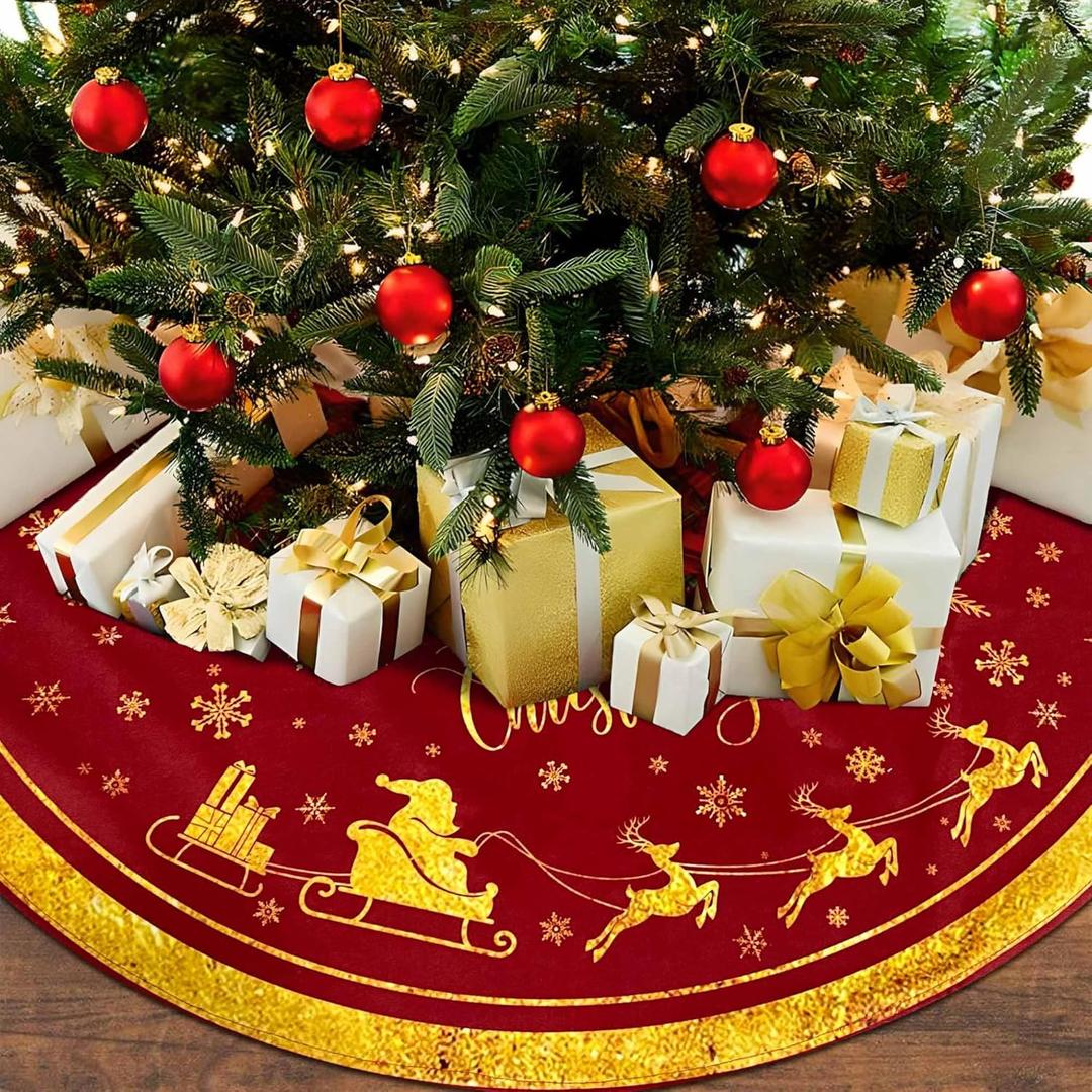 Christmas Tree Skirt 36 Inch, Gold Santa Reindeer Snowflake Merry Xmas Decor, Winter Christmas Tree Mat for Home Party Holiday Indoor Outdoor Decorations