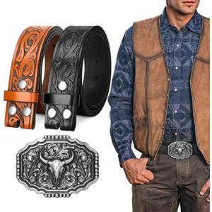 SANSTHS 2 Pack Cowboy Western Belt Strap with a Buckle, Men Women Embossed Cowboy Cowgirl Belt Strap for Jeans Gifts