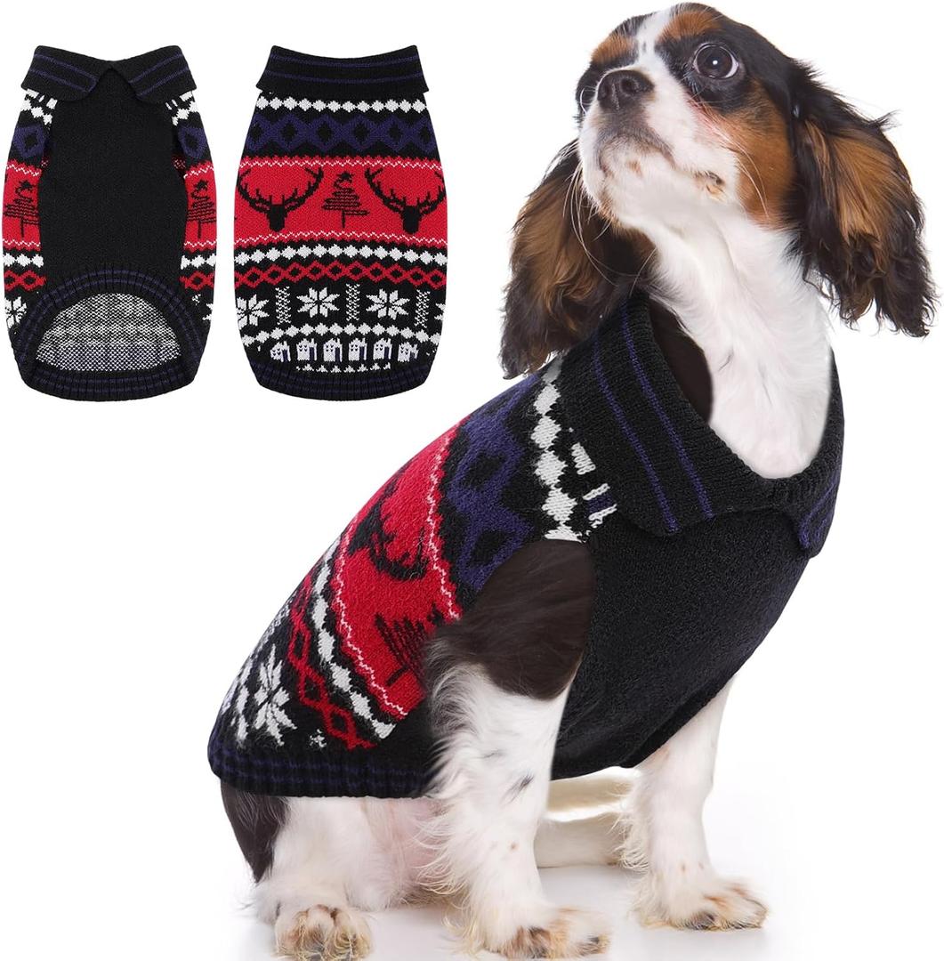 Queenmore Christmas Dog Sweater, Stylish Lapel Design Small Dog Sweater, Soft Dogs Sweaters for Small Dogs Male Female, Thick Warm Pet Clothes, Reindeer and Snowflake Pattern Winter Pet Clothing, Black, S