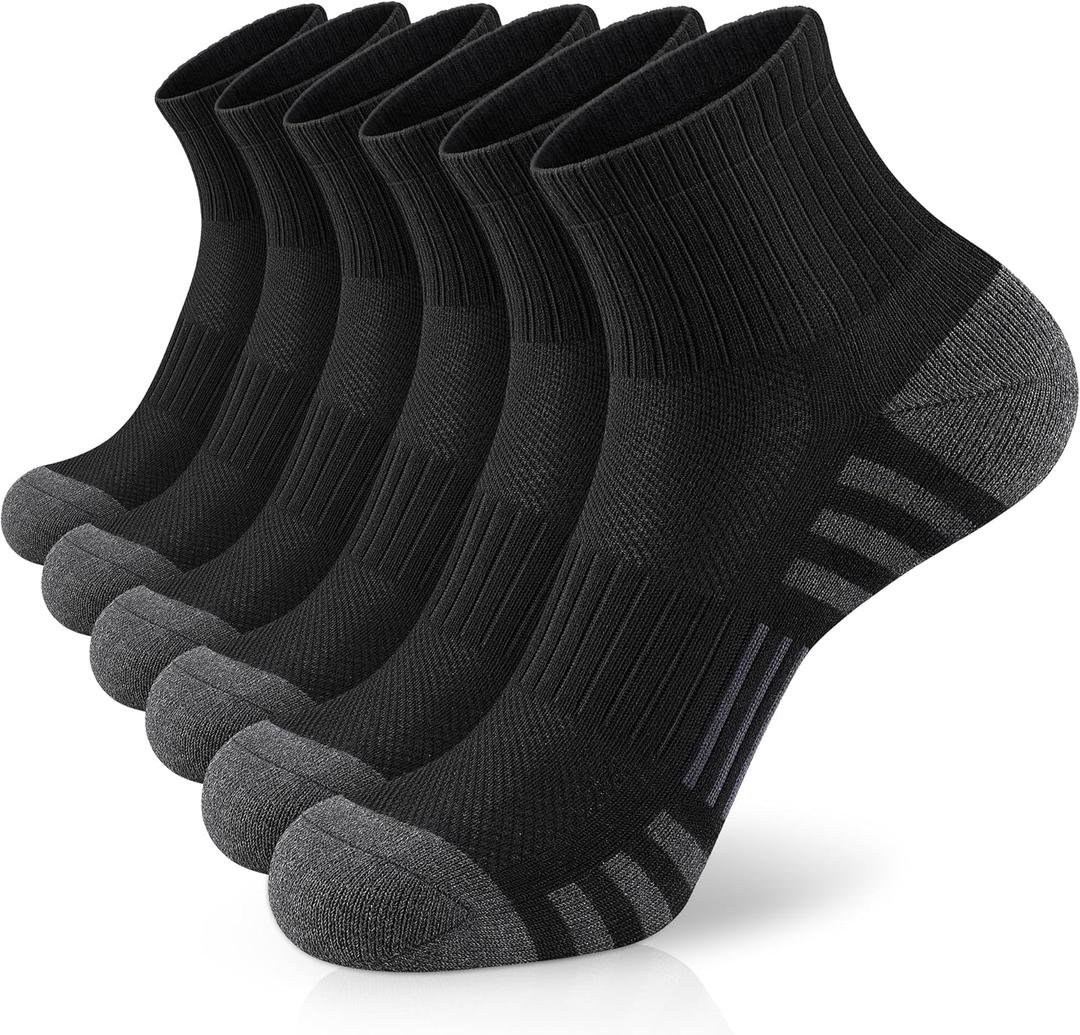 Airacker Athletic Quarter Socks with Cushion Running Ankle Socks for Men Women 6 Pairs (9-12, Black)
