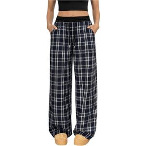 SOLY HUX Women's Plaid Pants Drawstring Elastic Waist Wide Leg Baggy Lounge Pants Casual Long Trousers (Blue, M)