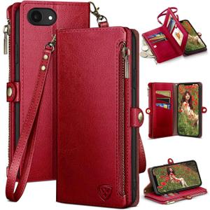 XcaseBar Compatible with iPhone 16e 6.1"/17e 6.1" Wallet case with Zipper Credit Card HolderRFID Blocking,Flip Folio Book PU Leather Phone case Shockproof Cover Women Men for Apple 16e case Red