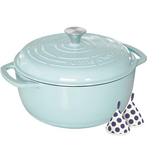 Umite Chef 6QT Enameled Cast Iron Dutch Oven with Lid, Versatile Heavy-Duty Cookware Pot for Baking Bread, Braising, Soups & Stews, Oven & Stovetop Safe with Heat Resistant Gloves（Blue）