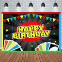 Aperturee 7x5ft Card Game Happy Birthday Backdrop Colorful Playing Cards Flags Game Night Party Cartoon Black Radial Stripe Bday Party Banner Decorations Supplies Photography Background Table Decor