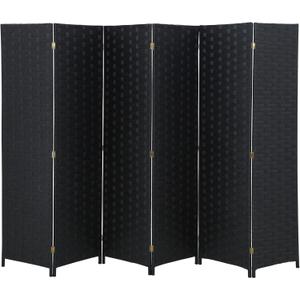 Room Divider Wood Screen 6 Panel Folding Portable Partition Screens Wooden Mesh Woven Design Room Screen Divider for Home Office (Black)