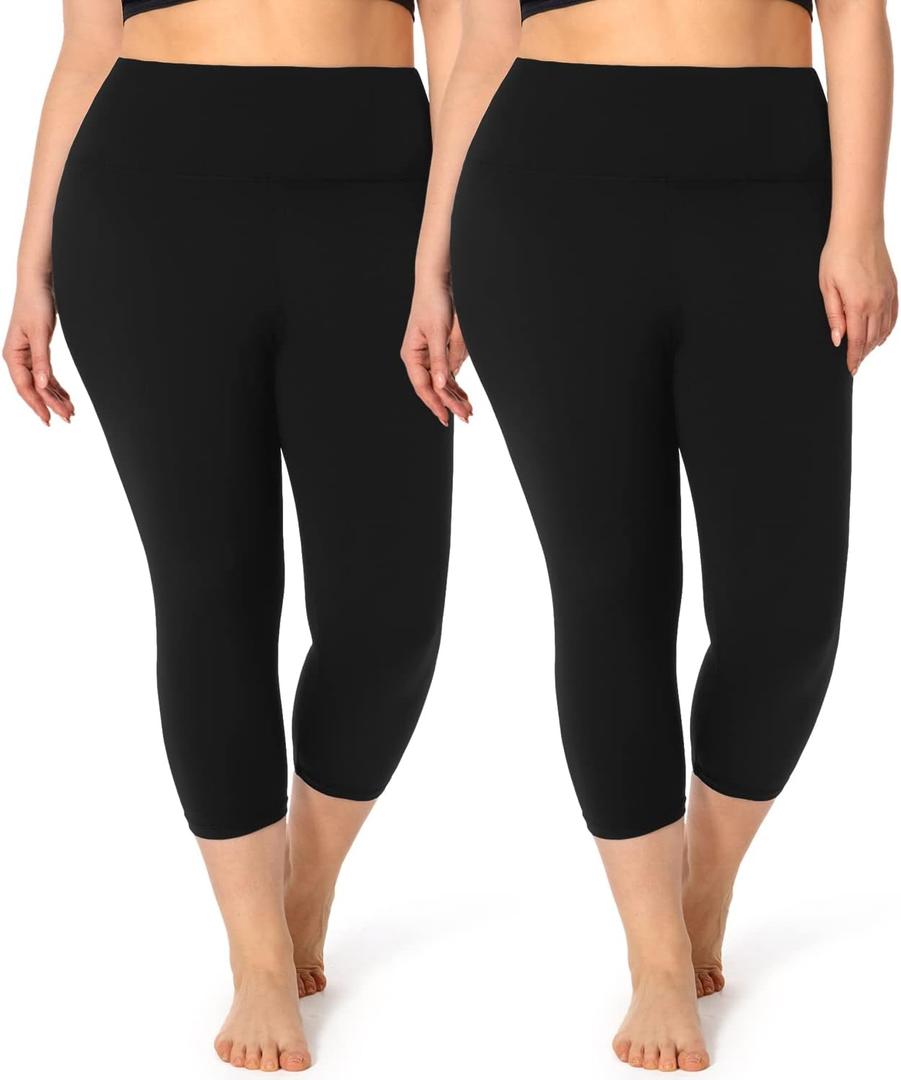 Hi Clasmix 2 Pack Plus Size Capri Leggings for Curvy Women -1X-4X High Waisted Tummy Control&Soft Yoga Workout Gym Tights Pants(2 Pack Black,XL)