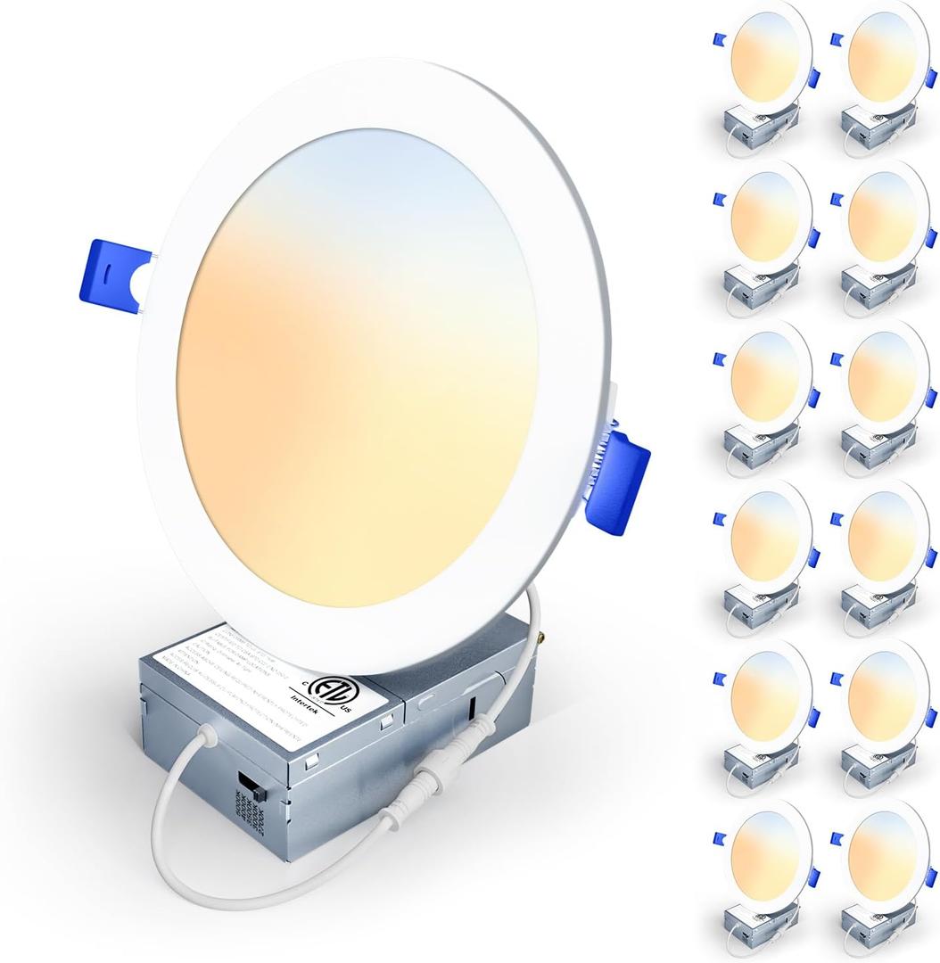 12 Pack 6 Inch 5CCT LED Recessed Light, Silm Canless Recessed Lighting, Dimmable, Damp Rated, 2700K-5000K Selectable, Wafer Ceiling Downlight with Junction Box, 1200LM, 12W 120V, ETL&FCC