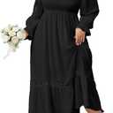SCOMCHIC Womens Plus Size Fall Dresses Long Sleeve Square Neck Wedding Guest Smocked Flowy Boho Country Western Maxi Dress (Black, XXXL)