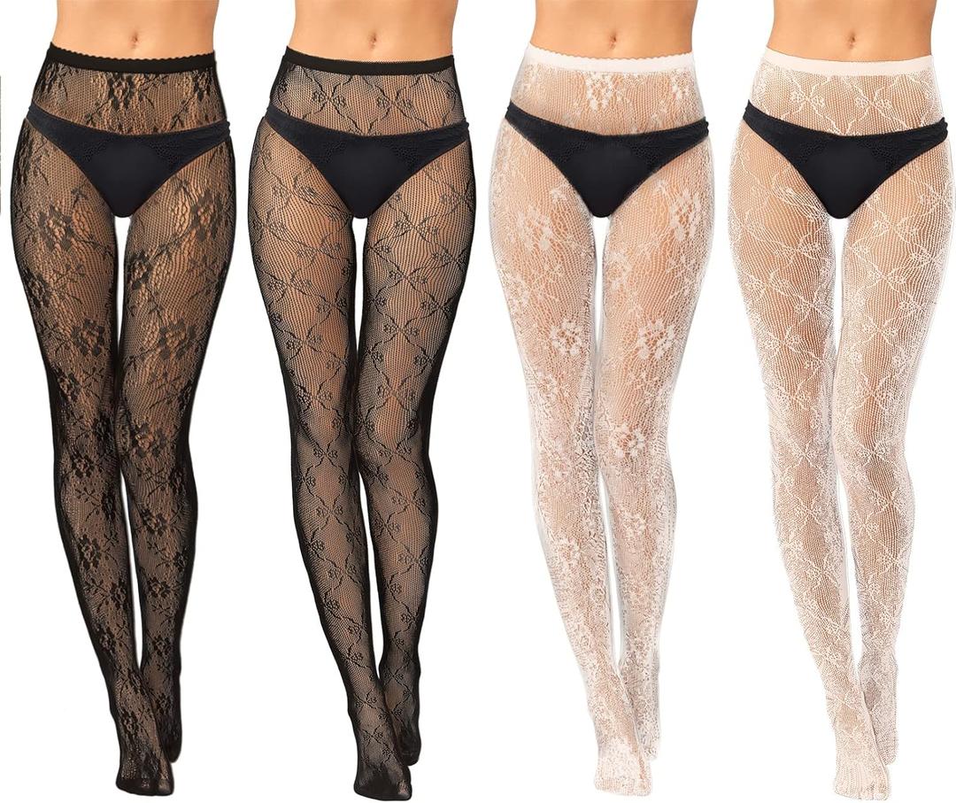 Jiuguva 4 Pack Women Lace Tights White Black Fishnet Stockings Floral Mesh Pantyhose Stockings Leggings Bow Patterned Tights for Women Halloween