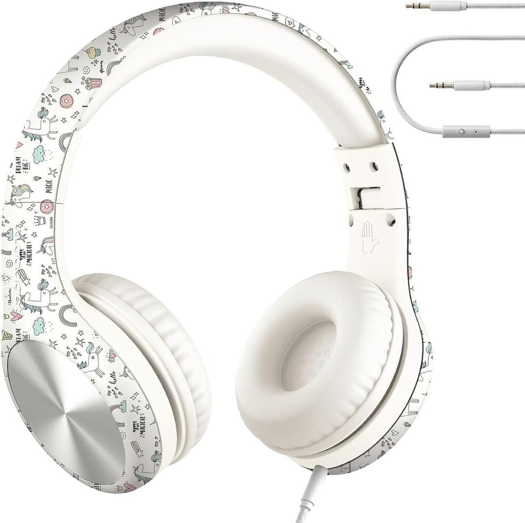 LilGadgets Connect+ Pro Wired Kids Headphones for School with Microphone, Volume Limiting Over-Ear Headset with Cord, SharePort Technology & SoftTouch Padding, Unicorn (Printed, White)