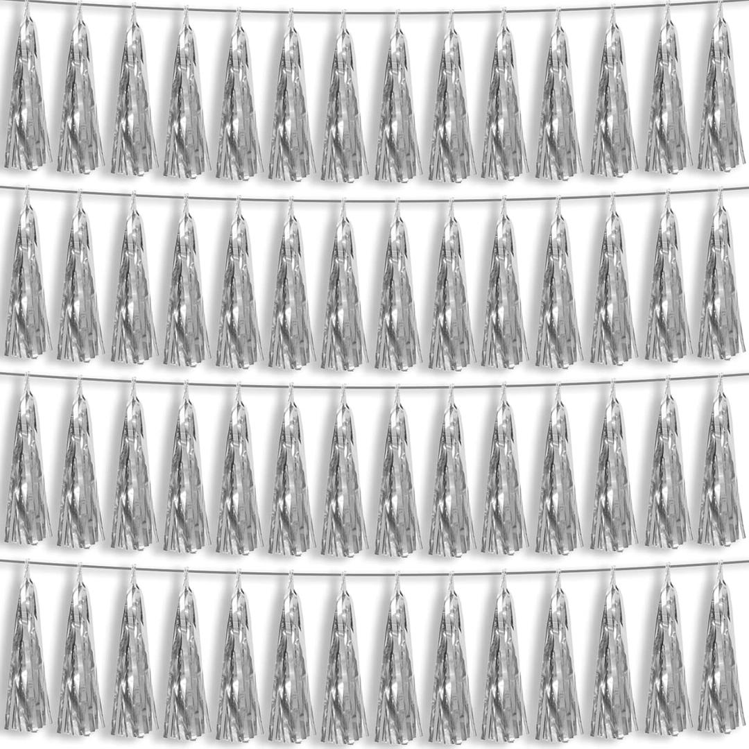 4P Silver Foil Fringe Metallic Tassel Streamers Banner Tassel Garland for Parade Floats, Bachelorette, Wedding, Birthday, Halloween, Christmas, Bridal/Baby Shower Party Decorations