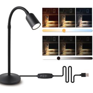 DAMI Small Desk Lamp with Flexible Gooseneck, USB Reading Light Nightstand with 3 Color Temperatures, Dimmable Eye-Caring Bedside Table Lamp for Home Office Bedroom Dorm RV - Black