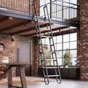 10.35FT Industrial Style Loft Ladder, 8 Steps with Black Steel Handrails & Solid Wood Steps, 450lbs Capacity, Fits 8.2-9FT Installation Height, for Attic, Kitchen, Warehouse, Bookshelf& Outdoor