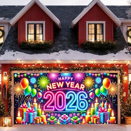 HOMETITUTE 13x6ft 2026 Happy New Year Garage Door Banner Balloons Backdrop New Year's Eve Garage Door Cover Decoration for Celebration Party Indoor Outdoor House Wall Background Decor