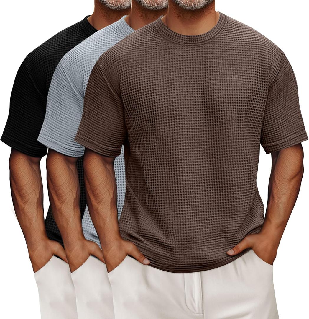 Riyiper 3 Pack Men's Big and Tall Waffle T Shirts, Short Sleeve Crew Neck Tops Casual Textured Knit Pullover Lightweight Tees (XX-Large, Black, Light Grey, Coffee)
