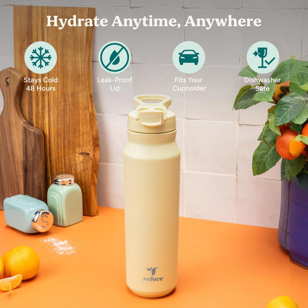 REDUCE 32 oz Hydrate Pro Stainless Steel Insulated Water Bottle - Flip Top Leak-Proof Lid, Dishwasher Safe, BPA-Free, Dual Wall Vacuum, Keeps Drinks Cold for 48 Hrs, Cup Holder Friendly - Light Yellow