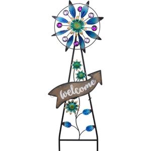 TERESA'S COLLECTIONS Peacock Garden Solar Stake, Wind Spinner Yard Art Sign for Outdoor Decor, Metal Purple Floral Windmill Decorative Garden Stake for Lawn Ornaments, Gifts for Mom, 37''