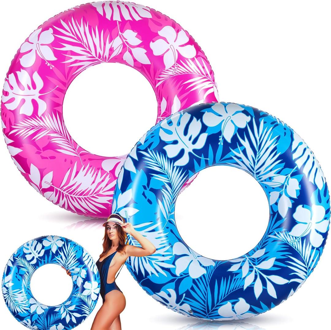 ShinyRelief 2 Pcs Pool Tubes for Adults 42inch Large Inflatable Floats Tube Tropical Leaves Inflatable Pool Floats Rings Colorful Swimming Ring Summer Hawaii Swimming (Blue,Purple)