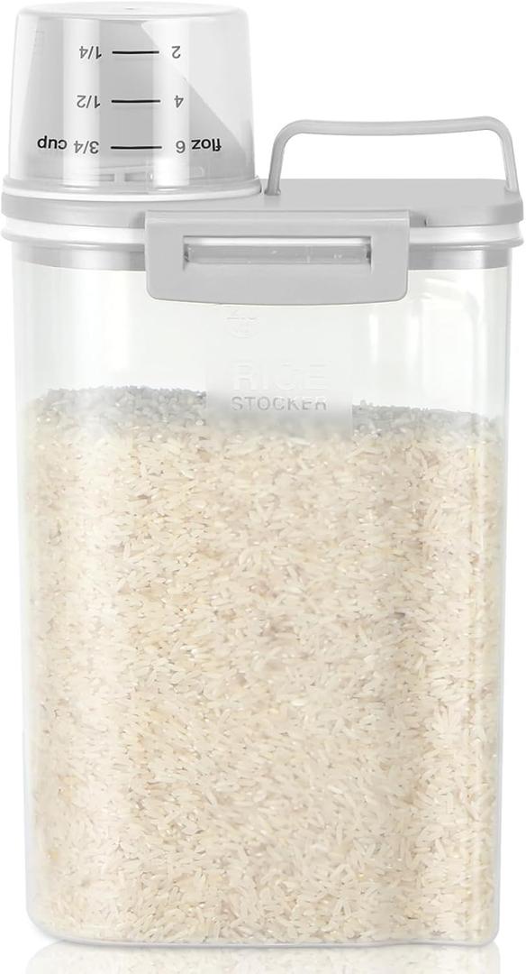 TBMax Rice Storage container 4 Lbs, Small Rice Dispenser with Measuring Cup, Grey Cereal Containers Flour Bin, Kitchen Food Storage Container and Pantry Organizers, Pet Dog Cat Food Dispenser