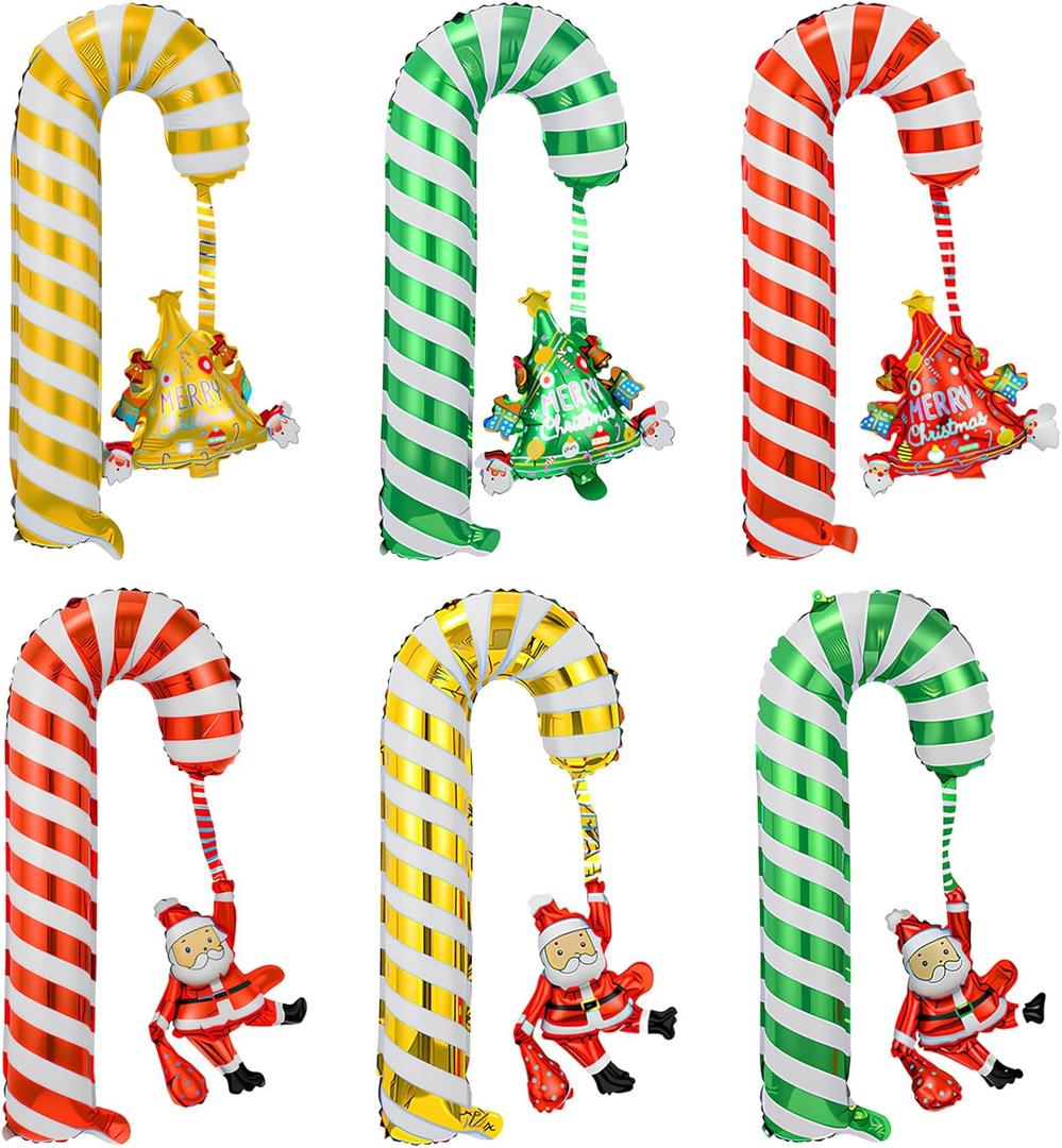 6Pcs Christmas Candy Cane Foil Balloons, Gold Green and Red Christmas Party Decorations, Holiday Celebration Supplies, Suitable for Home, Office, and Children's Christma Parties