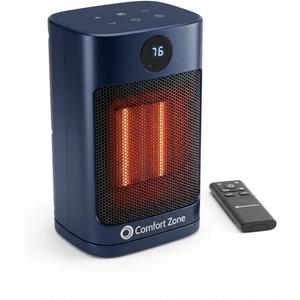 Comfort Zone 1500W Oscillating Desktop Heater Portable Ceramic Space Heater with Remote, Digital Thermostat (50F-90F), ECO Mode, 12-Hour Timer, Child Lock & Stay-Cool Housing Blue