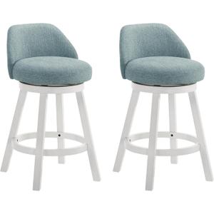 Armen Living Erika Modern Transitional Swivel Wood Counter Height Kitchen Bar Stool in White Finish with Light Blue Fabric Upholstered Seat - Set of 2, 26" Counter Height