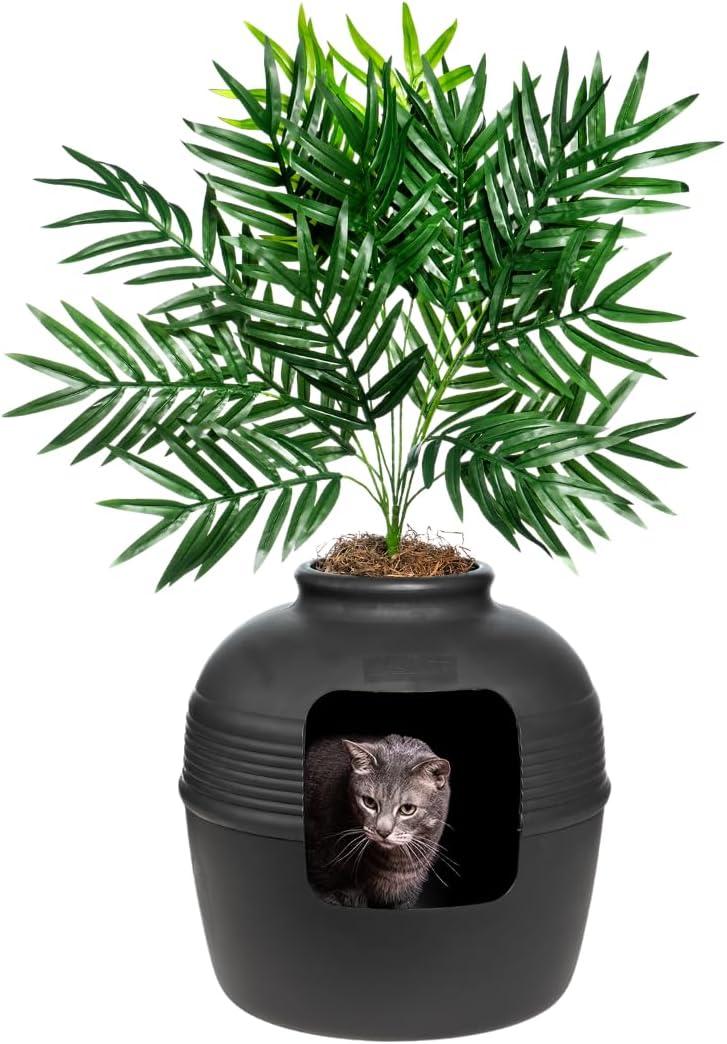 Good Pet Stuff Hidden Cat Litter Box Enclosure with Artificial Plant, Decorative Round Planter, Vented Carbon Charcoal Filter for Odor Control, Easy-to-Clean, Made in USA, Base Kit, Black