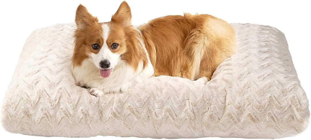 EHEYCIGA Washable Large Dog Bed for Crate 35x23 Inch, Reversible Kennel Pad for Dogs Weight Up to 45 lbs, Plush and Comfy Pet Sleeping Mat, Beige