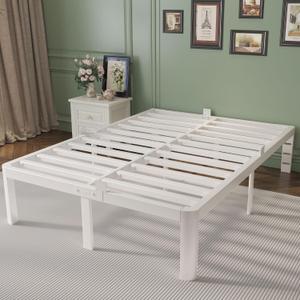 Full Size Bed Frame 14 Inch White, Metal Bed Frame Full with Gaskets, No Box Spring Needed, Heavy Duty Steel Plarform Supprt, Rounded Corner Design, Reserved Holes, Noise Free, Storage Space