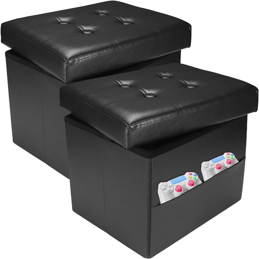 2PC Ottoman with Storage Foot Stool, 17 Inches Folding Storage Ottomans, Leather Upholstered Ottoman Foot Rest with Side Pockets, Suitable for Living Room, Bedroom, Cafe, Black