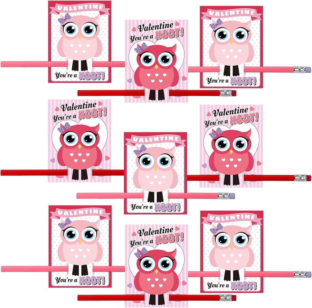 2 x 36 Pcs Valentine's Day Cards with Pencils Valentine Cards with Pencil Inserted Mazes Funny for Party Gift (Pink,Red,You're A Hoot)
