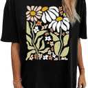 Oversized Graphic T-Shirt for Women Vintage Floral Shirt Rock Band Music Guitar Tee Casual Holiday Cute Plant Tops (Medium, Black)