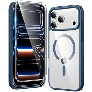 iPhone 17 Pro Max Case: Clear Magnetic Phone Cases with Screen Protector Compatible with Magsafe Slim Anti Yellowing Rugged Shockproof Protective Transparent Cell Phone Cover (B-Blue)