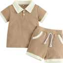 Kuriozud Newborn Baby Boy Summer Clothes Button Short Sleeve Romper Bodysuit Shorts Set Toddler Soft Waffle Outfit (3-4T, Lapel Shirt Khaki)