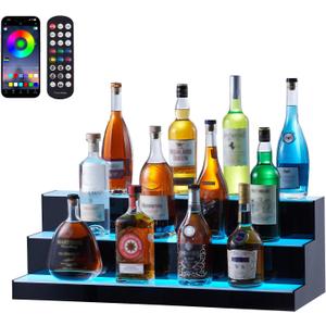VEVOR LED Lighted Liquor Bottle Display, 3 Tiers 30 Inches, Supports USB, Illuminated Home Bar Shelf with RF Remote & App Control 7 Static Colors 1-4 H Timing, Acrylic Lighted Shelf for 24 Bottles