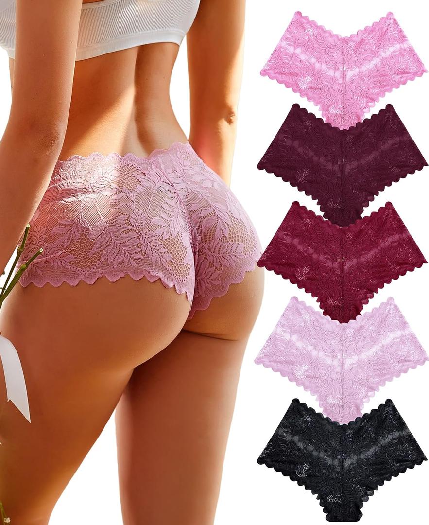 FINETOO 5 Pack Sexy Lingerie Panties for Women Pack V-Waist Lace Womens Underwear French Cut Boyshorts Panty (Black, M)