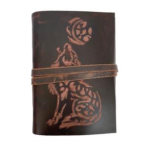 Wolf Embossed Handmade Soft Leather Journal Notebook Diary Grimoire, Daily Planner Organizer Book of Shadows, 240 Offwhite Unlined Recycled Handmade Pages Sketchbook 5x7 Inches