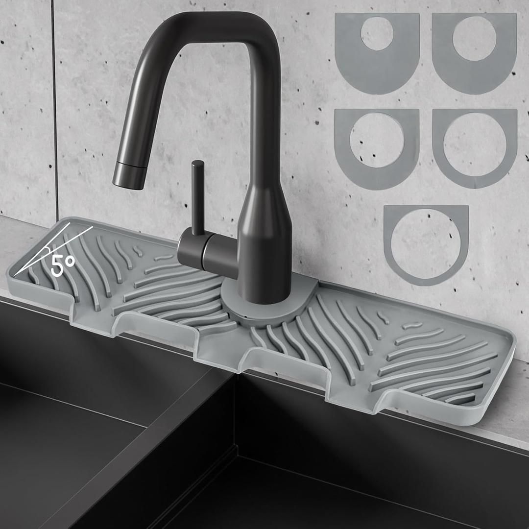 Silicone Faucet Splash Guard - 5Slope Kitchen Sink Splash Guard, 17.8*5.2*0.8 Inch Faucet Mat for Kitchen Sink with 5 Sizes of Rubber Rings, Silicone Sink Mat for Kitchen Bathroom (Light Gray)