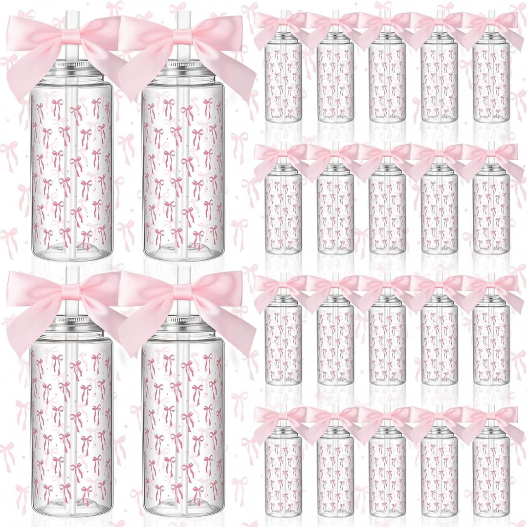 Singhoow Pink 24 Pcs Bow Gift Cups Bulk for Women Girls Birthday Party Favors Supplies 14 oz Reusable Plastic Tumbler Cup with Lids Straws Pastel Coquette Bow Gifts Cups for Party Decorations