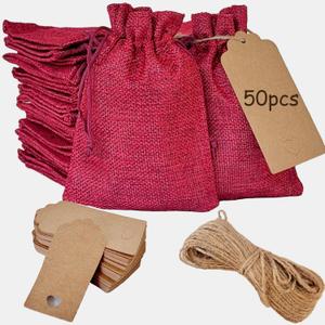 GIOIPC 50PCS 5 x 7 Inch Burlap Gift Bags With Drawstring and Bonus Gift Tags for Wedding Birthday Bag, Craft Bags, Cosmetic Samples (1 Count (Pack of 50))