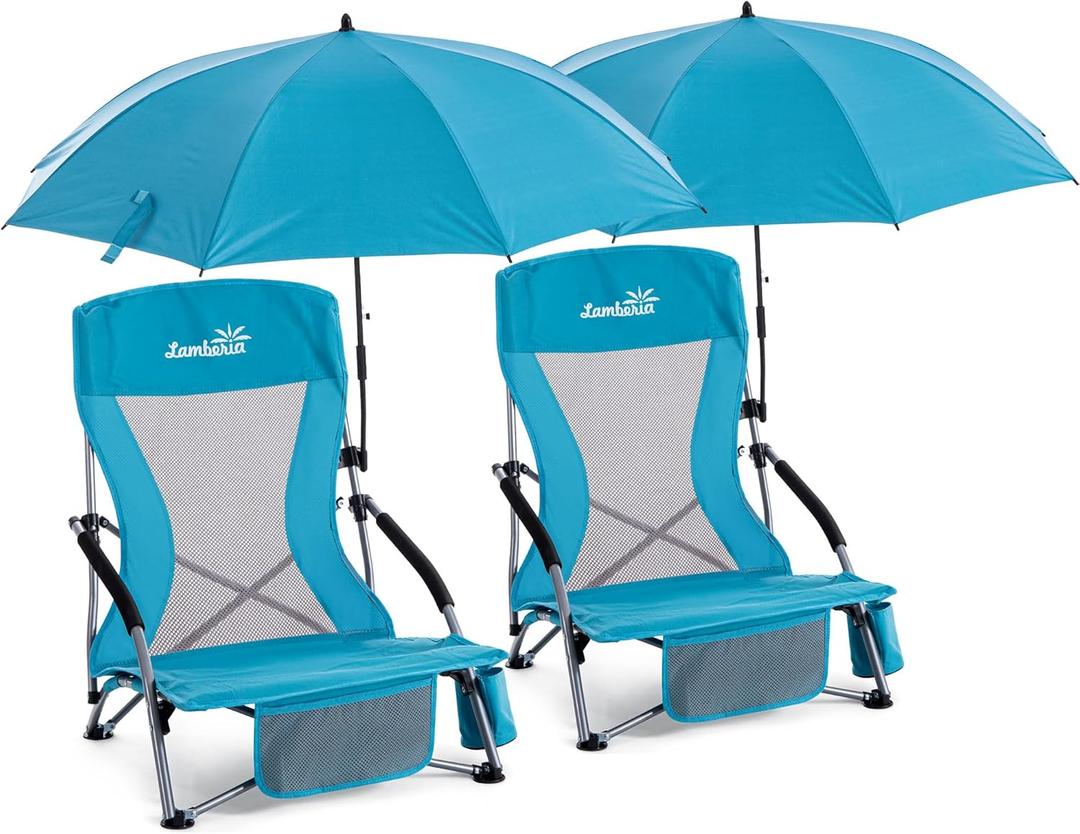 Folding Beach Chair with Umbrella for Adults, 2 Pack Portable Low Beach Chairs with 300lbs Capacity, Lightweight Fodable Camping Chair for Travel, Picnic, Concert & Outdoor Activities, Blue