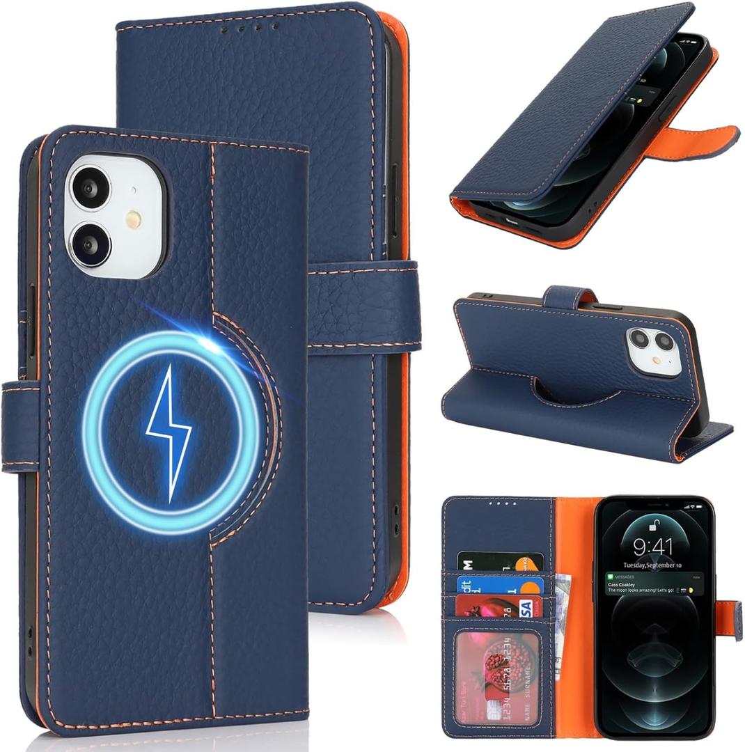 Zouzt for iPhone 11 6.1" Genuine Leather Wallet Case with Card Holder, for MagSafe Magnetic Wireless Charging, Flip Folio Book Kickstand Shockproof Cover Women Men iPhone 11 - Litchi Blue