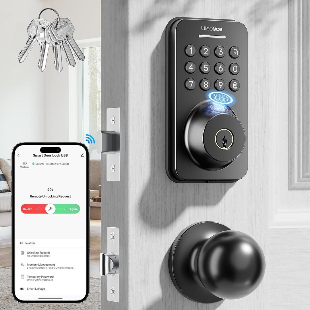 Ulecoce Keyless Entry Door Lock with Handle Set - Built-in WiFi, Fingerprint, App Control & Doorbell, Electronic Keypad Deadbolt with One-Time Code, Auto-Locking, Easy to Install