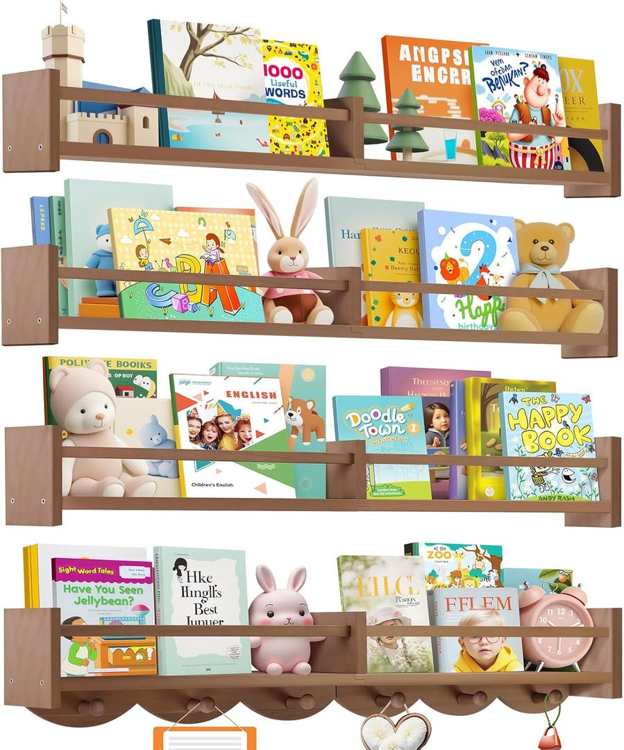 34Inch Nursery Book Shelves Wall Mounted, Floating Book Shelf for Kids Coat Rack with 6 Hooks, Wall Hanging Shelf for Baby Nursery Room Organizer Patent Number:US-D1058229-S(4, Light Brown)