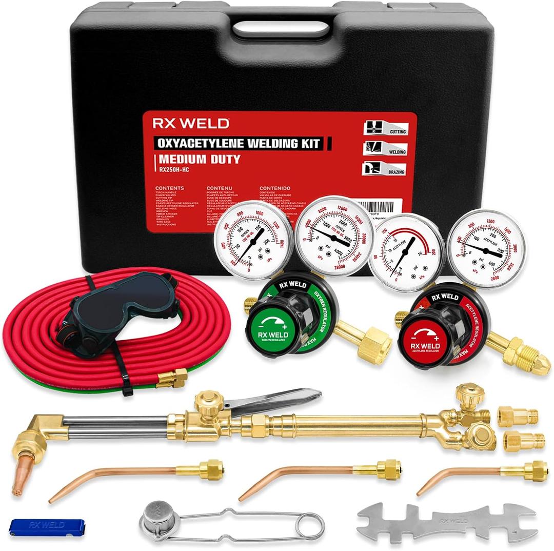 RX WELD Medium Duty Oxy Acetylene Torch Kit with Check Valves - Cutting, Welding & Brazing Tool Set (CGA540/CGA510) (Black)